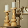 thumbnail image 2 of DecMode 2 Candle Brown Wood Round Turned Style Pillar Candle Holder, Set of 2, 2 of 7