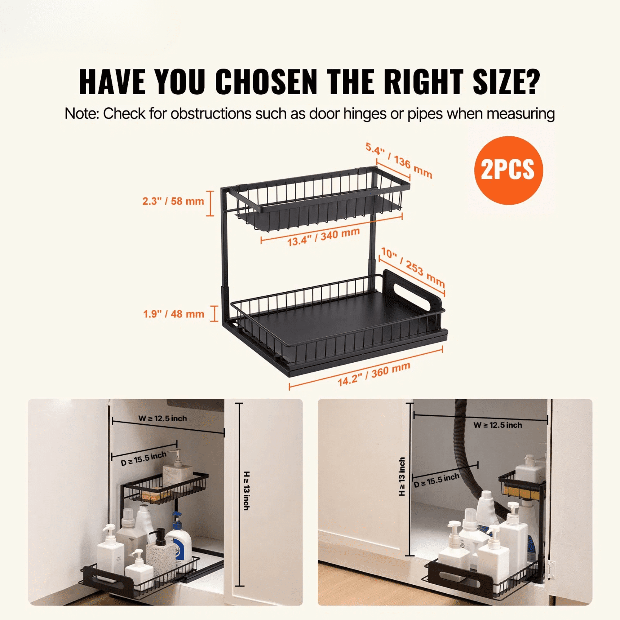 2 Tier Pull Out Cabinet Organizer, 10.7” W x 14.2” D Under Sink Slide Out Drawer, Wire Basket Sliding Shelf for Kitchen & Bathroom Cabinet Storage