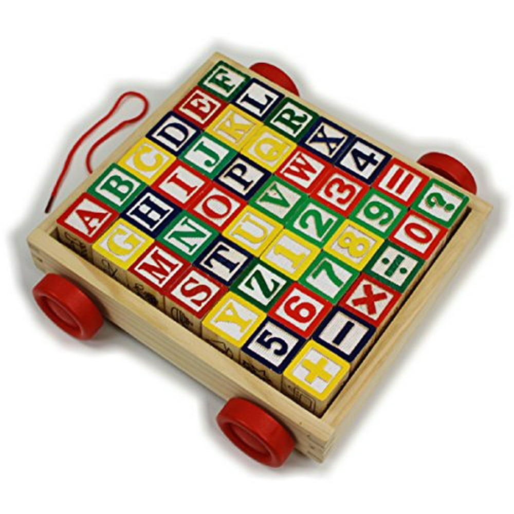 Deluxe 42 Piece Classic Wooden ABC/123 Stack N' Build Blocks Wagon with Learning Pictures