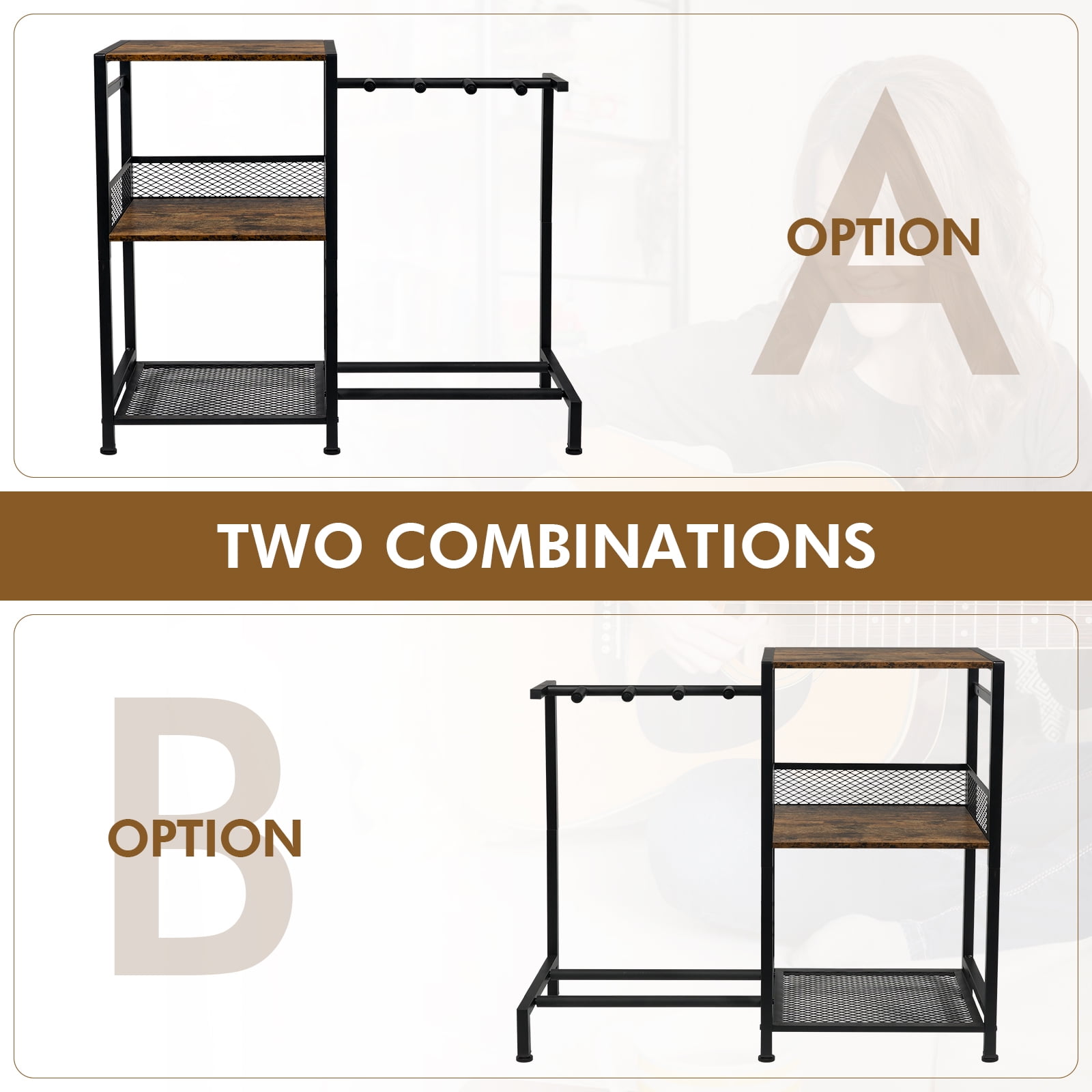 Guitar Stand for Multiple Acoustic Bass Electric Guitars Cases with Vinyl Record Storage Cabinet and 3-Tier Shelf