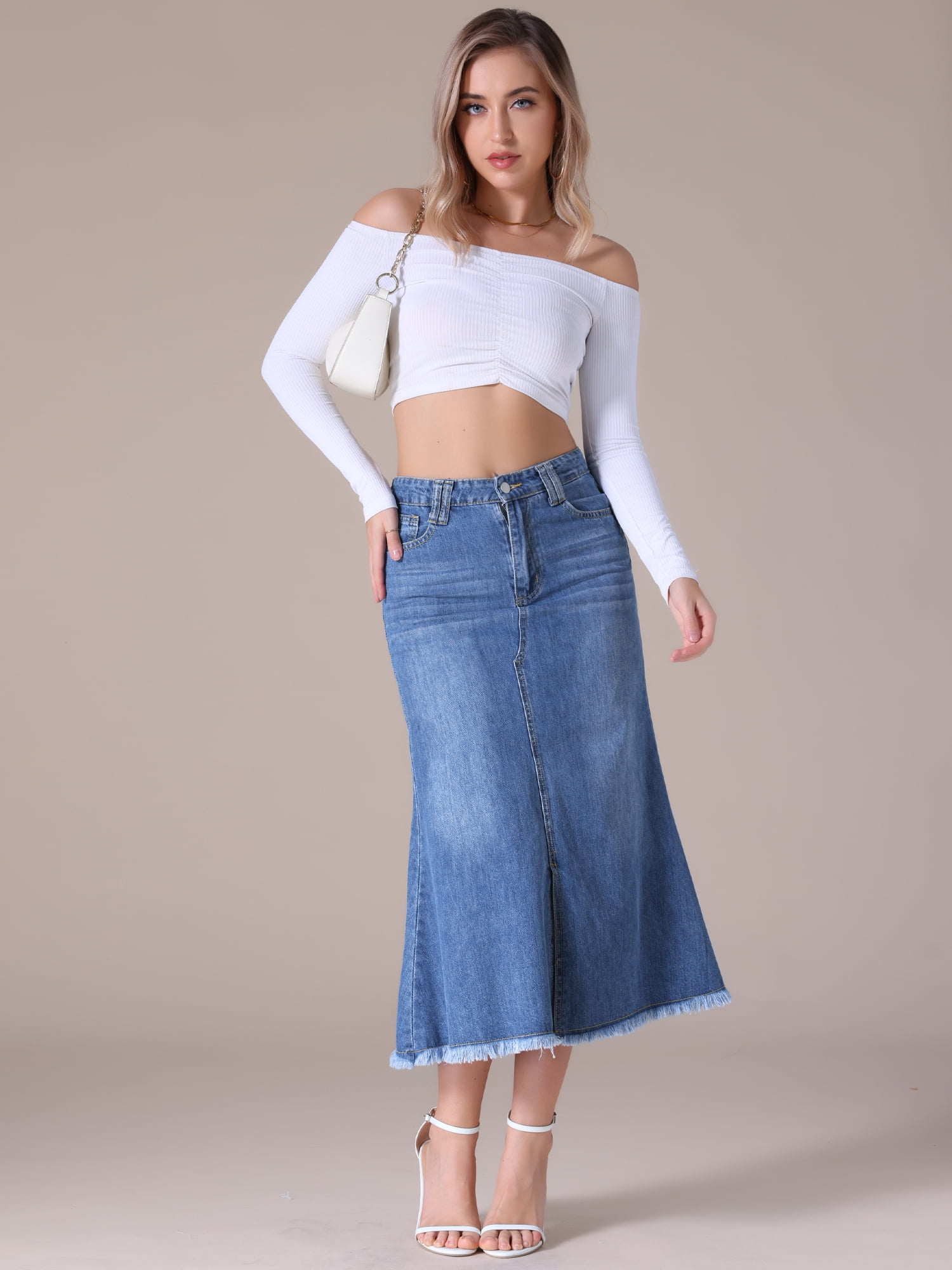 Unique Bargains Women's Long Denim Skirts Split A-Line Fishtail Jean Skirt M Blue