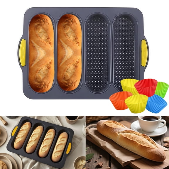 Qianfeng 4-Cavity Silicone Non-Stick Bread Loaf Pan, French Baguette Baking Pan, Includes 6 Muffin Cups