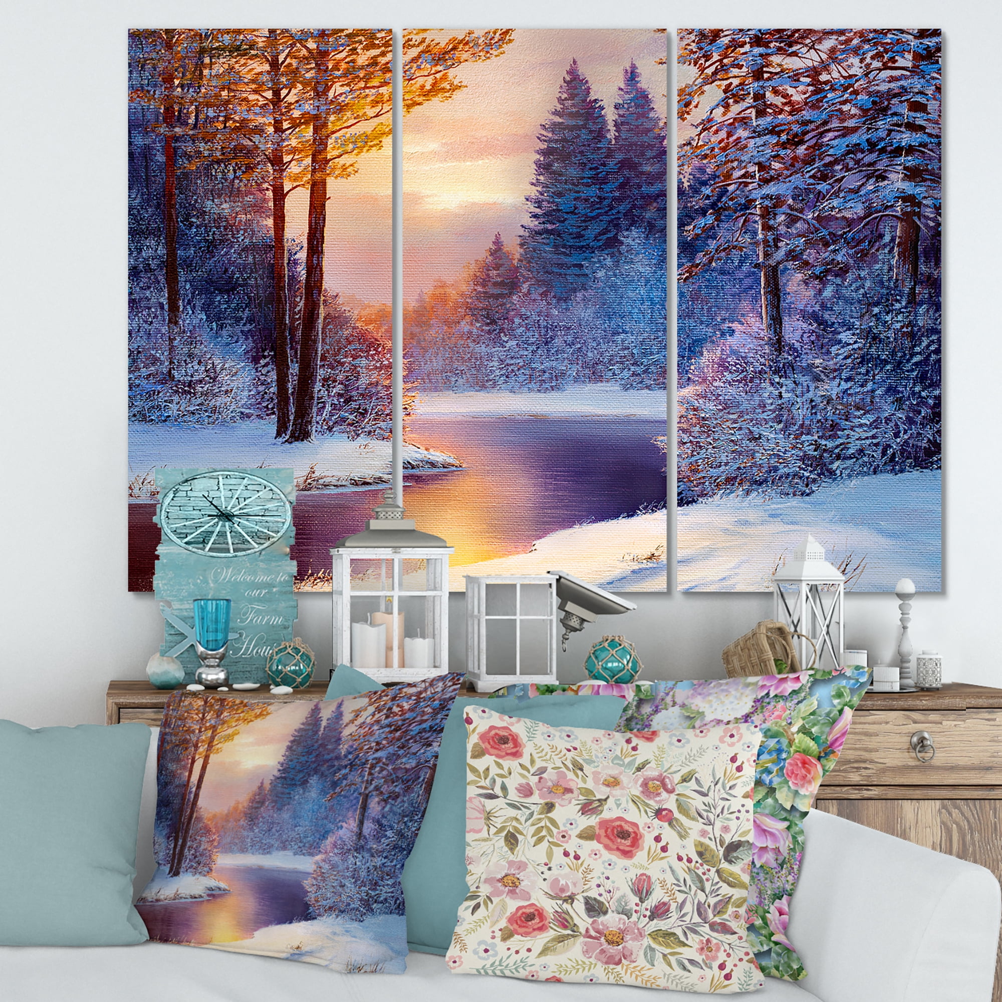 Designart ' Dark Blue Silhouettes of Trees With Winding River ' Lake House Canvas Wall Art Print