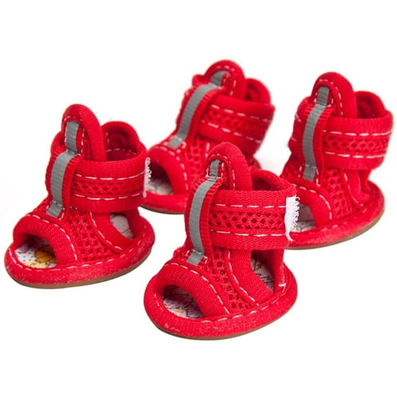 4Pcs Rubber Sole Dog Breathable Mesh Sandals Shoes Paw Protector Cotton Breathable Anti-Skid Pet Shoes Dog Puppy Sandals(Red 2#)