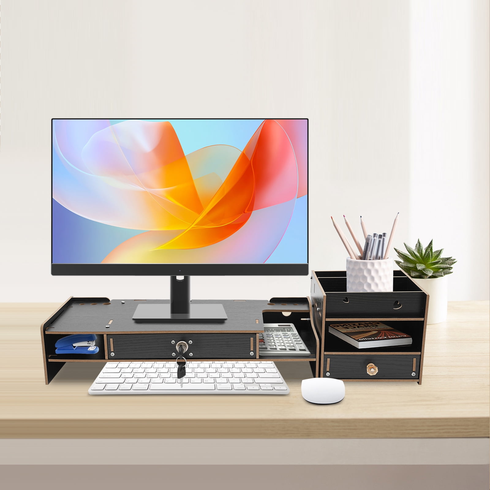 Space-Saving Monitor Riser, 18.9x7.87x4.13in Veneered MDF, 5.51-11.02lbs Load, Detachable Storage Cabinet, Perfect for Desks and Remote Workstations
