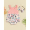 thumbnail image 3 of Yunliwuli Infant Baby Girl Summer Jumpsuit with Bow Headband Sleeveless Flower Print Patchwork Romper Set, 3 of 10