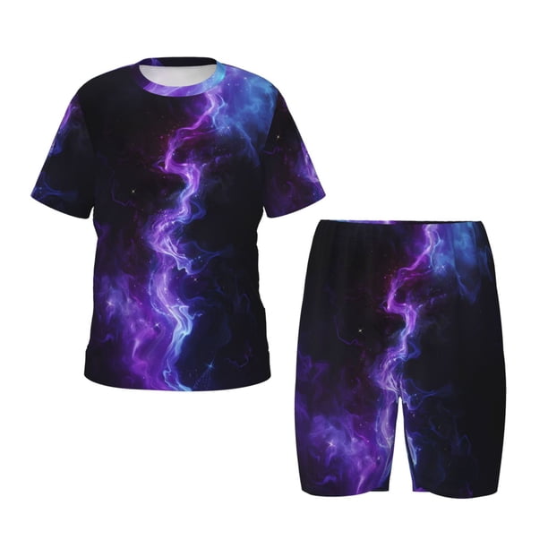 Balery Purple And Blue Nebula Conjunto de Pijama Infantil de Manga Corta con Estampado – Ropa de Dormir de Algodón Suave-Small