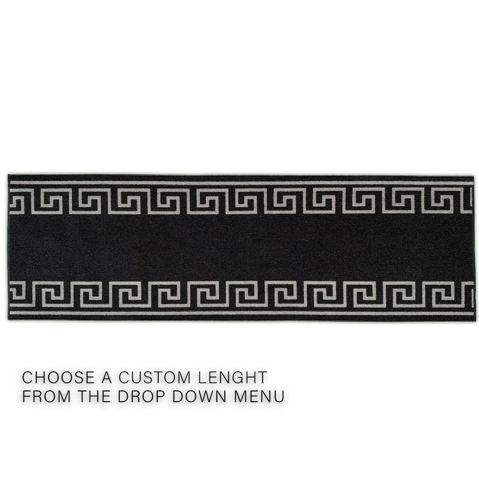 Runner Rug for Hallway Greek Key Print Design Black Silver Color 26 Inch or 31 Inch Wide by Your Length Choice Slip Resistant Rubber Backing Stain Resistant Pile Stair Runner