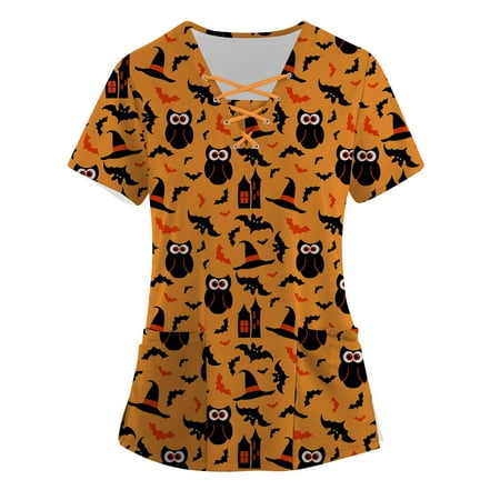 

Cakiesky Scrub Tops for Women Comfort V-Neck Printed Nursing Work Tops with Pockets Orange S