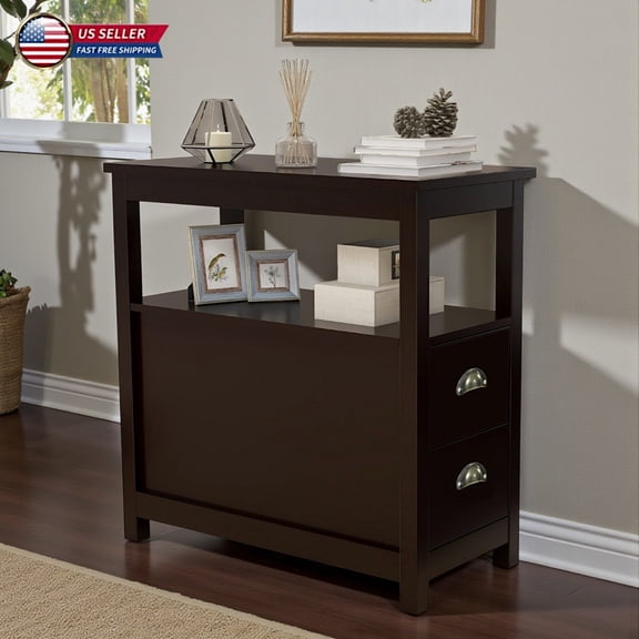 Hassch Narrow Bedside Table in Brown, 2-Drawer Nightstand with Open Shelf & Solid Pine Legs, Accent Slim MDF End Table for Living Room & Bedroom
