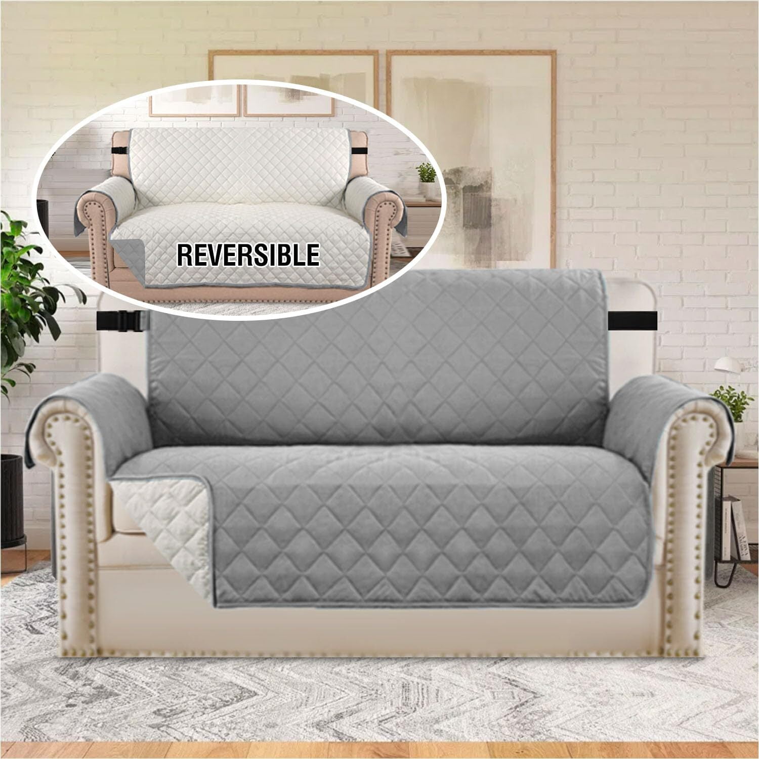 Rekopi Waterproof Couch Covers Non-Slip Sofa Cover with Elastic Straps Silicone Backing Washable Furniture Protector Slipcovers for Kids Pets Dogs Living (Gray, 46")