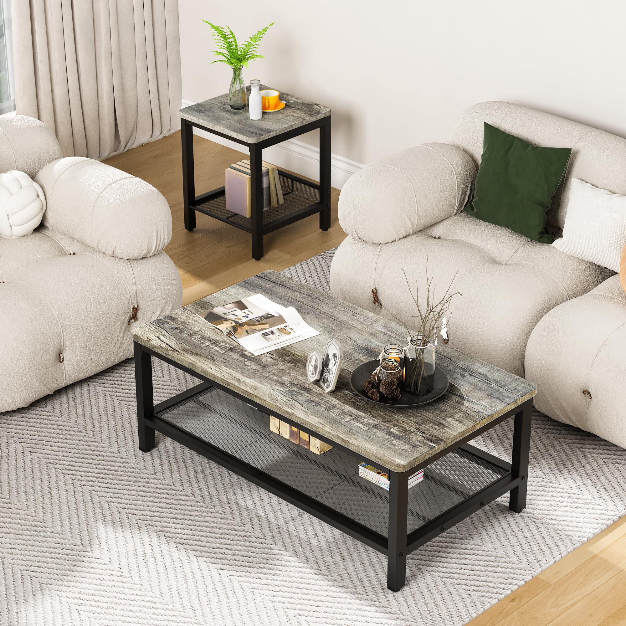 MOOSENG Coffee Table Set of 3, Industrial Vintage Wood Coffee Table with 2 Square End Side Tables, Easy Assembly Living Room Table Set for Offices, Living Rooms and Apartments, Grey