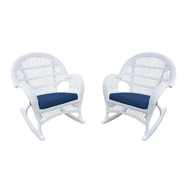 Jeco Wicker Rocker Chair in White with Blue Cushion (Set of 2)