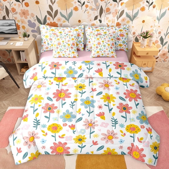 jejeloiu Kawaii Daisy 7-Piece Twin Bedding Sets,Cartoon Graffiti Flower Bedding Comforter Set,Multicolor Floral Sheet Sets For Girls Teens,Microfiber Bedroom Decor Reversible