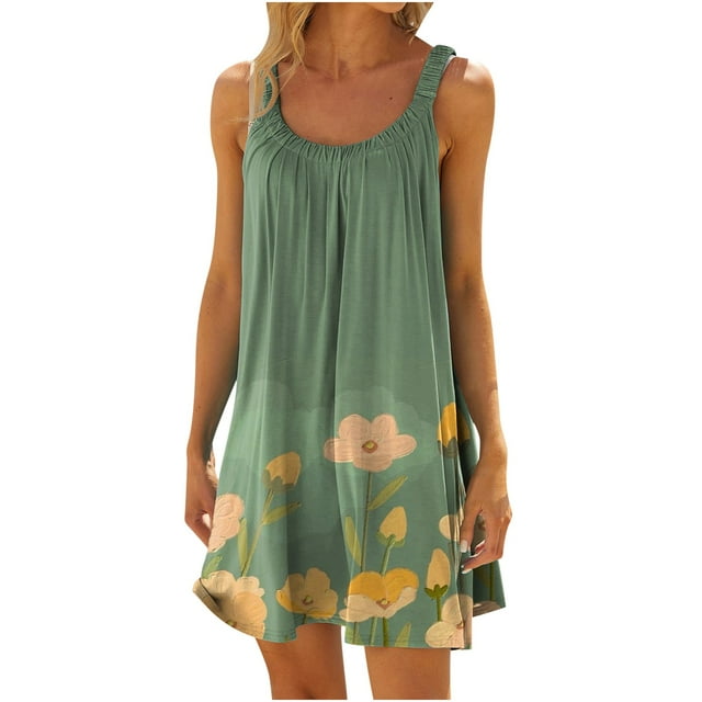 CEHVOM Women Plus Size CasualPrinted Round-Neck Short Sleeve Loose Knee-Length Dres
