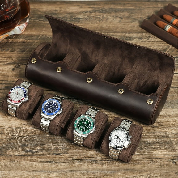 Vintage Leather Watch Roll Case for 4 Watches – Handmade Crazy Horse Cowhide Travel Storage Box with Detachable Cushions – Coffee Brown Snap Button Closure for Display & Protection