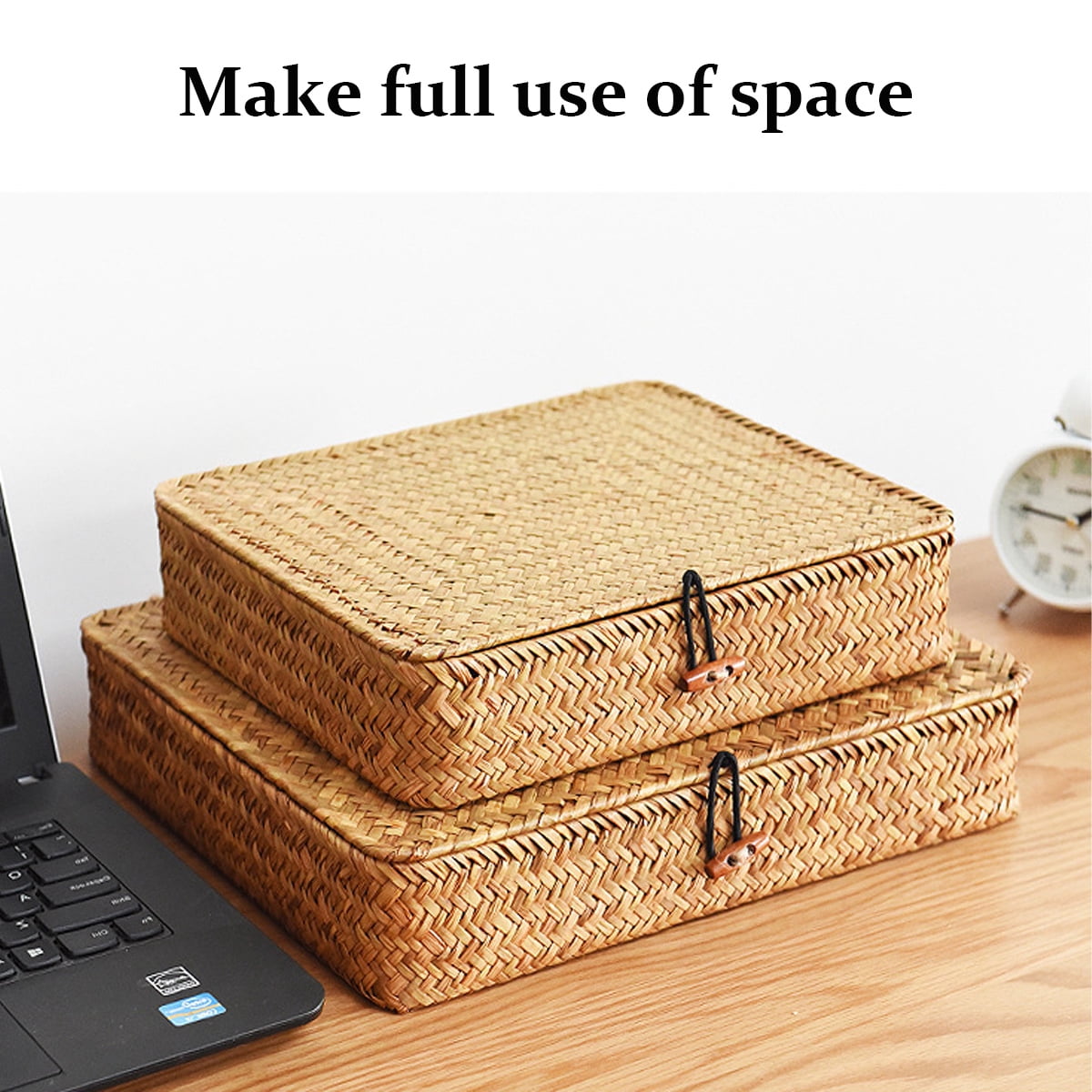 Rectangular Rattan Storage Baskets with Lids, Set of 2, Ideal for Shelves & Organization