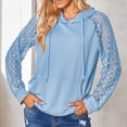 thumbnail image 2 of Sudaderas con capucha informales para mujer, Tops de encaje de ganchillo, sudaderas con cordón de manga larga y bolsillo para otoño invierno, azul XL, 2 of 6