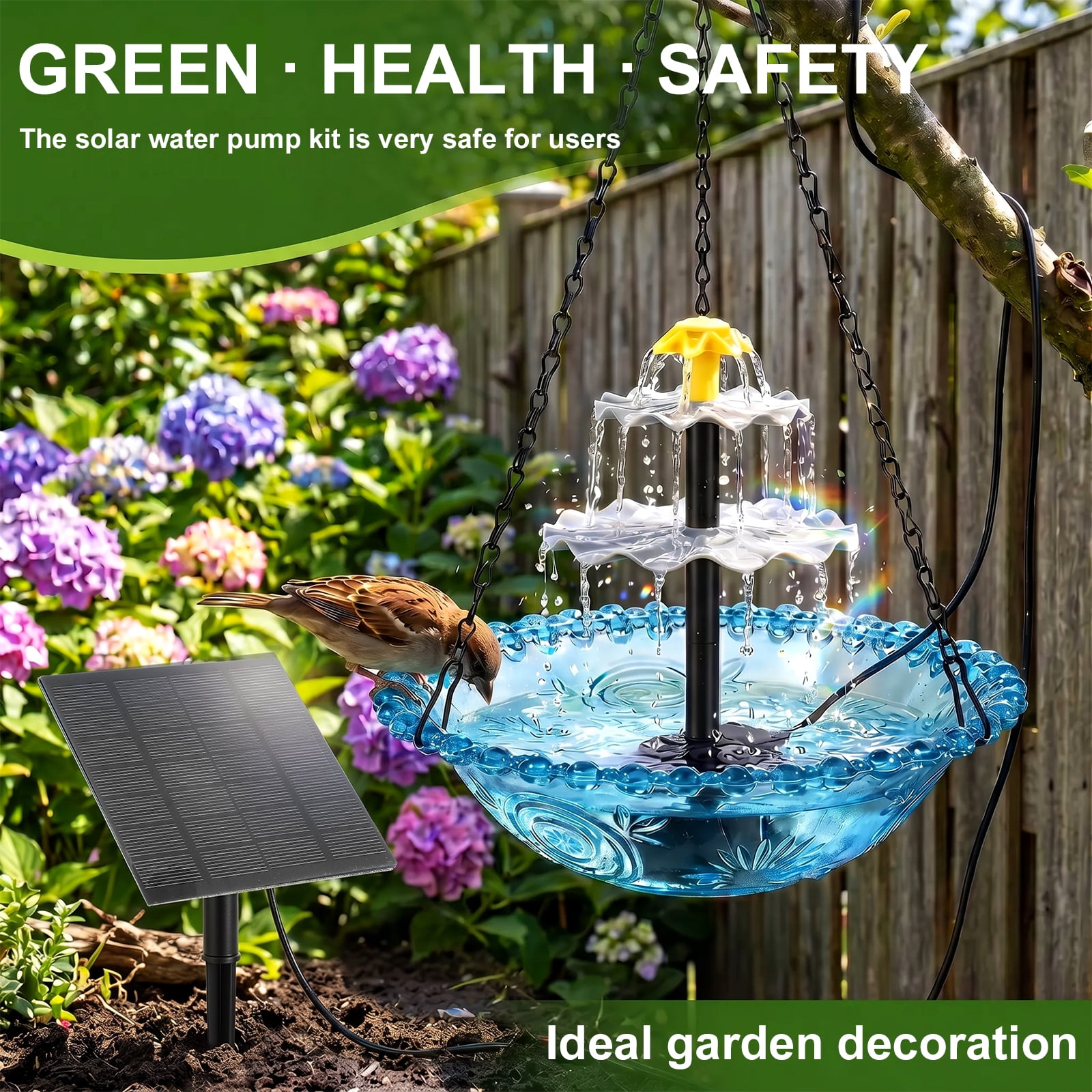 Threns Hanging Solar Bird Bath Fountain Solar Power Outdoor Water Fountain Hanging with Flowing Water Decorative Garden Yard Patio Bird Bath Fountains