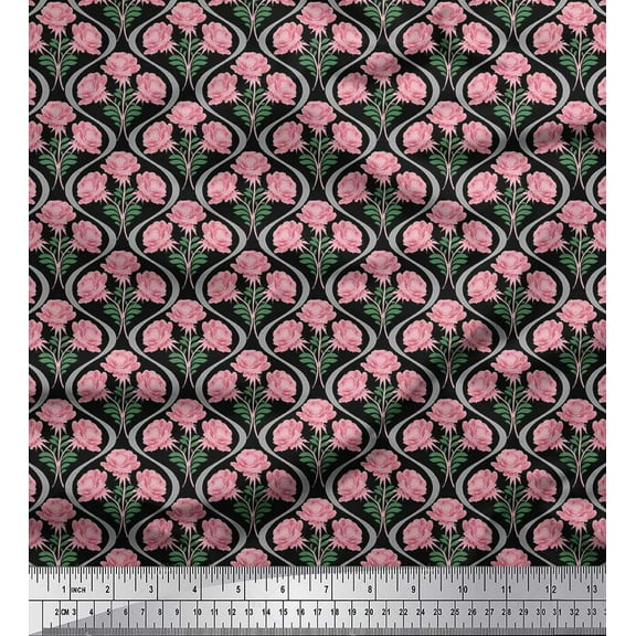 Soimoi Black Cotton Duck Fabric Leaves,Pink Floral & Ogee Damask Print Fabric by The Yard 44 Inch Wide