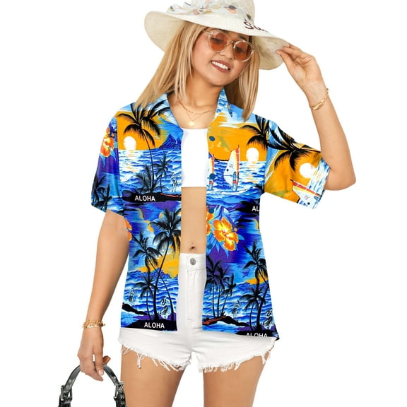 HAPPY BAY Button Down Shirt for Women Summer Beach Party Short Sleeve Vacation Blouse Shirt Collared Blouses Tee Hawaiian Shirts Tops for Women M Evening Surf, Blue