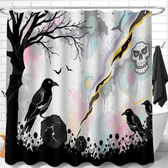 Whimsical Gothic Shower Curtain with Black Silhouettes & Pastel Accents