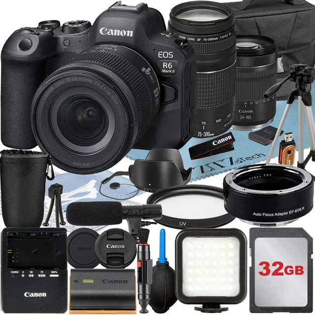 Canon EOS R6 Mark II Mirrorless Camera with RF 24-105mm Lens + EF 75-300mm + Mount Adapter + 32GB Memory Card + Case + LED Flash + ZeeTech Accessory Bundle