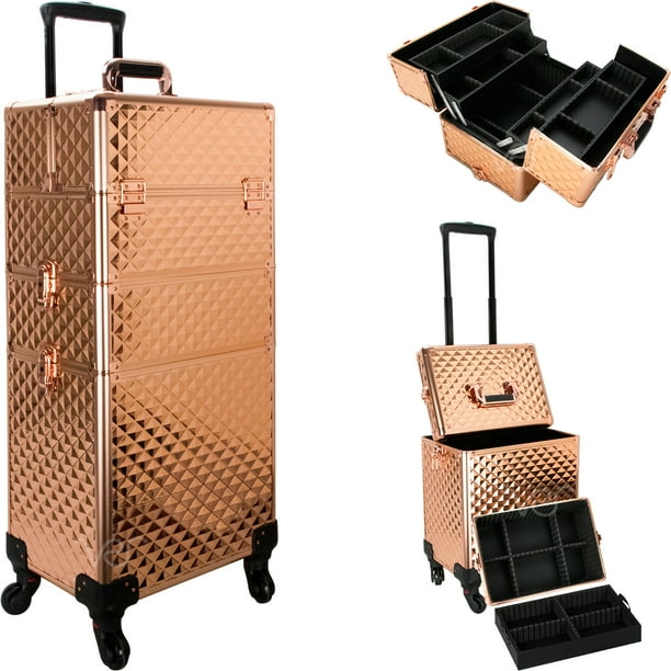 Aluminum Rolling Cosmetic Makeup Train Case Trolley, 4 Removable Wheels