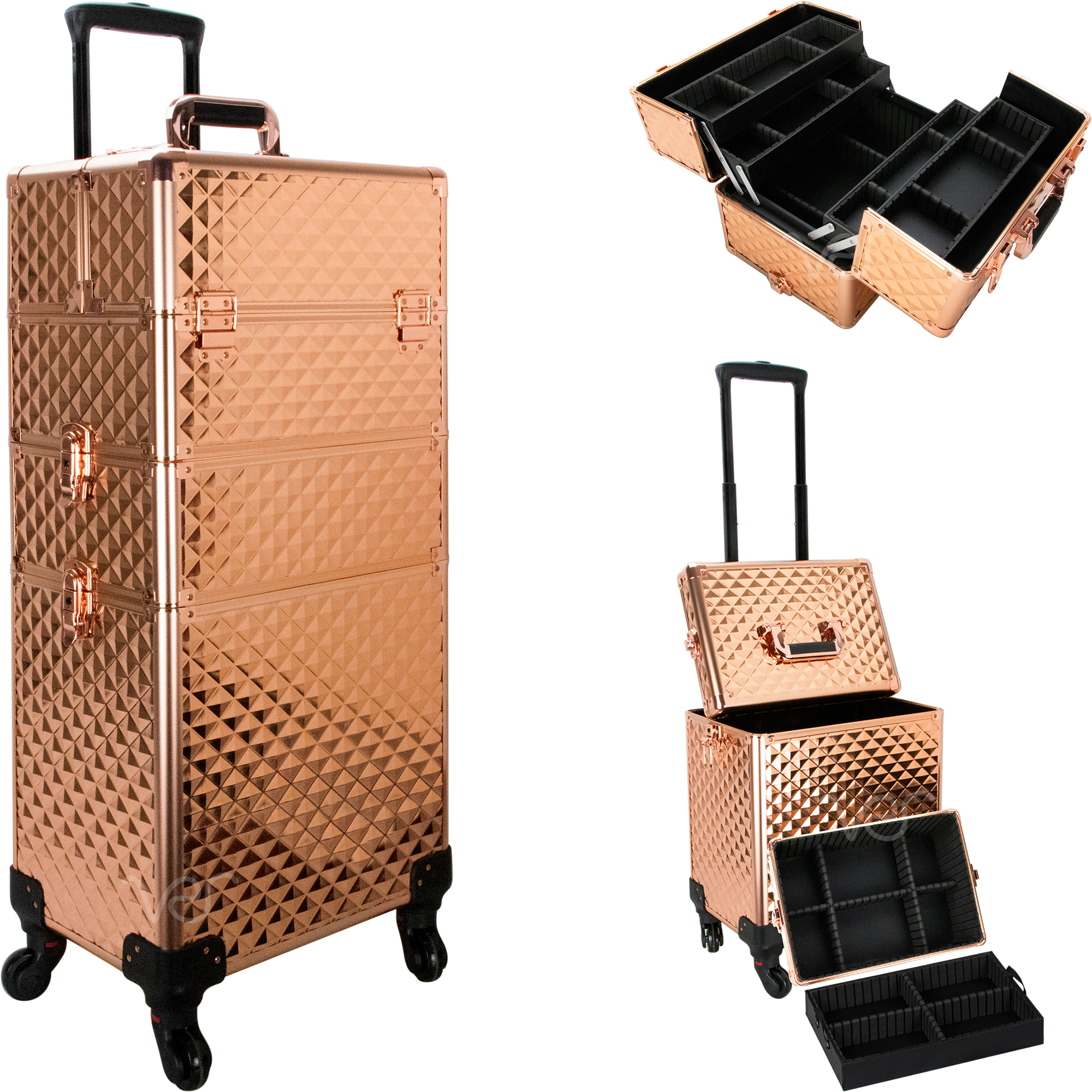 Aluminum Rolling Cosmetic Makeup Train Case Trolley, 4 Removable Wheels 