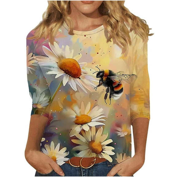 CYMMPU 3/4 Sleeve Blouses for Women Dressy Casual T-Shirts Fall Fashion Shirts Round Neck Spring Tops Bee Pattern Loose Fit Lightweight Basic T-Shirts S