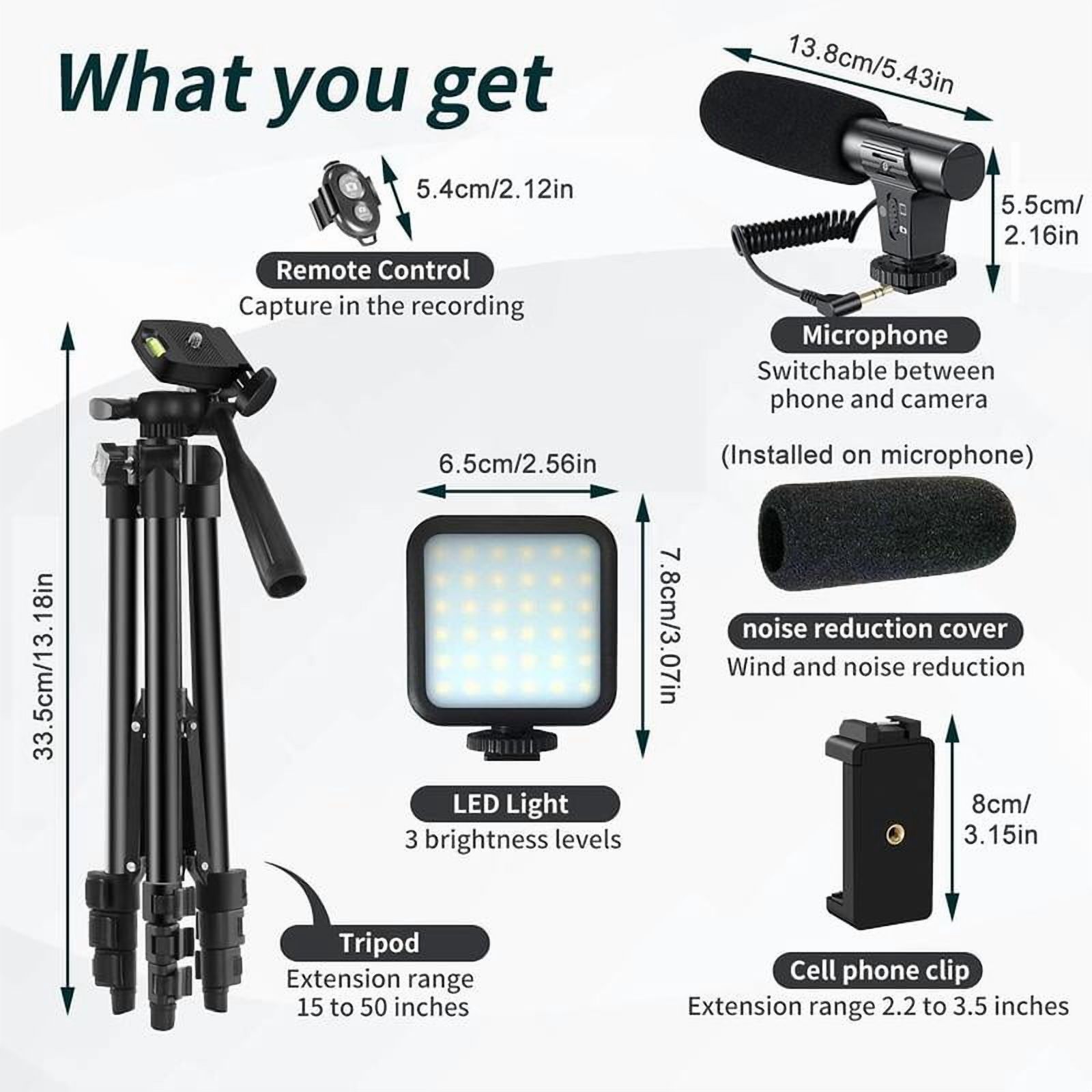 Video Blog Kit for YouTubers, 1 Set Telescopic Tripod & Microphone & Fill Light & Remote Control, Perfect Video Recording Accessories for iPhone & Android & Camera, Video Recording Equipment