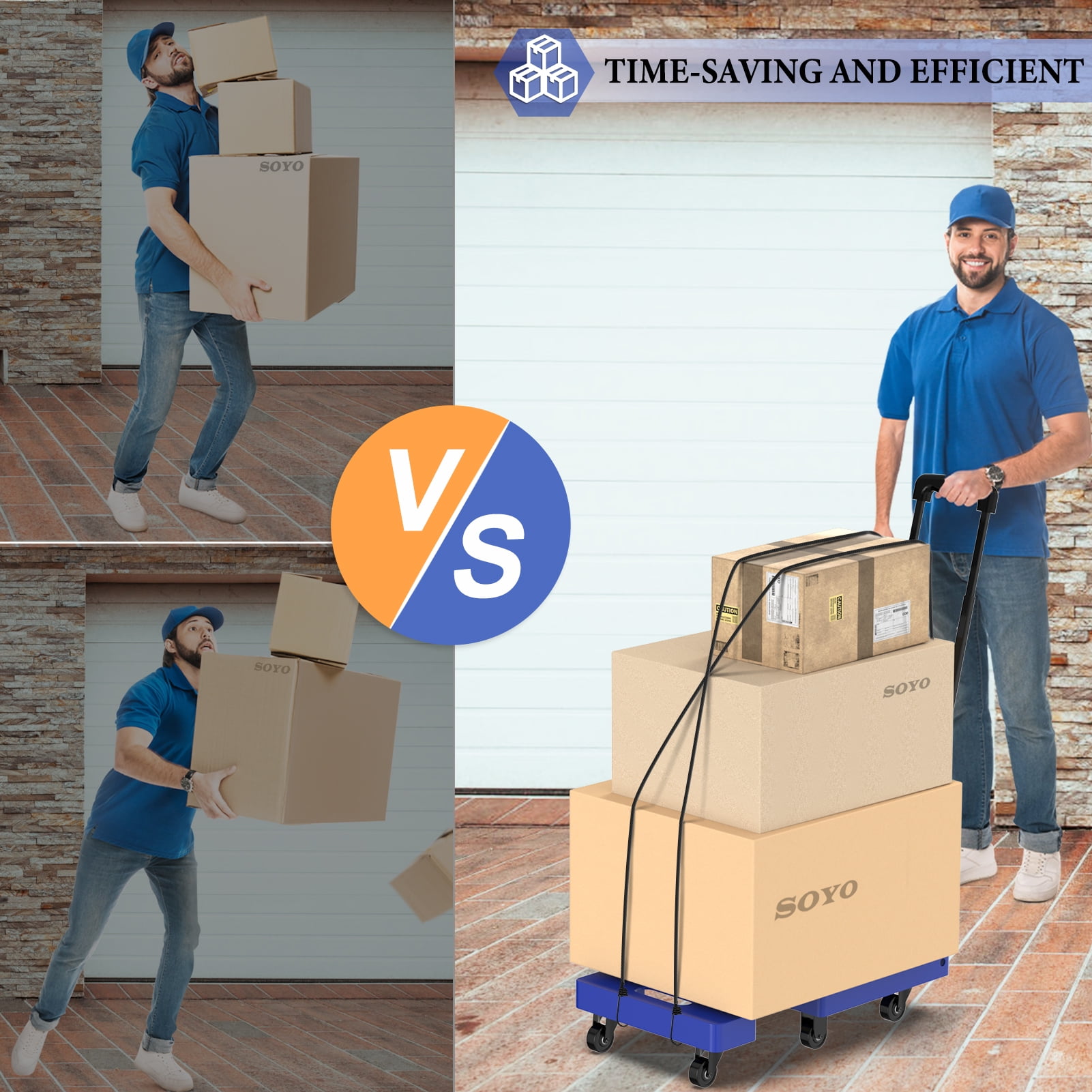 500lbs Folding Hand Truck, Heavy Duty Dolly, Portable 6 Wheels Collapsible Luggage Cart with 2 Elastic Ropes for Moving, Travel, Shopping, House Office Use, Blue