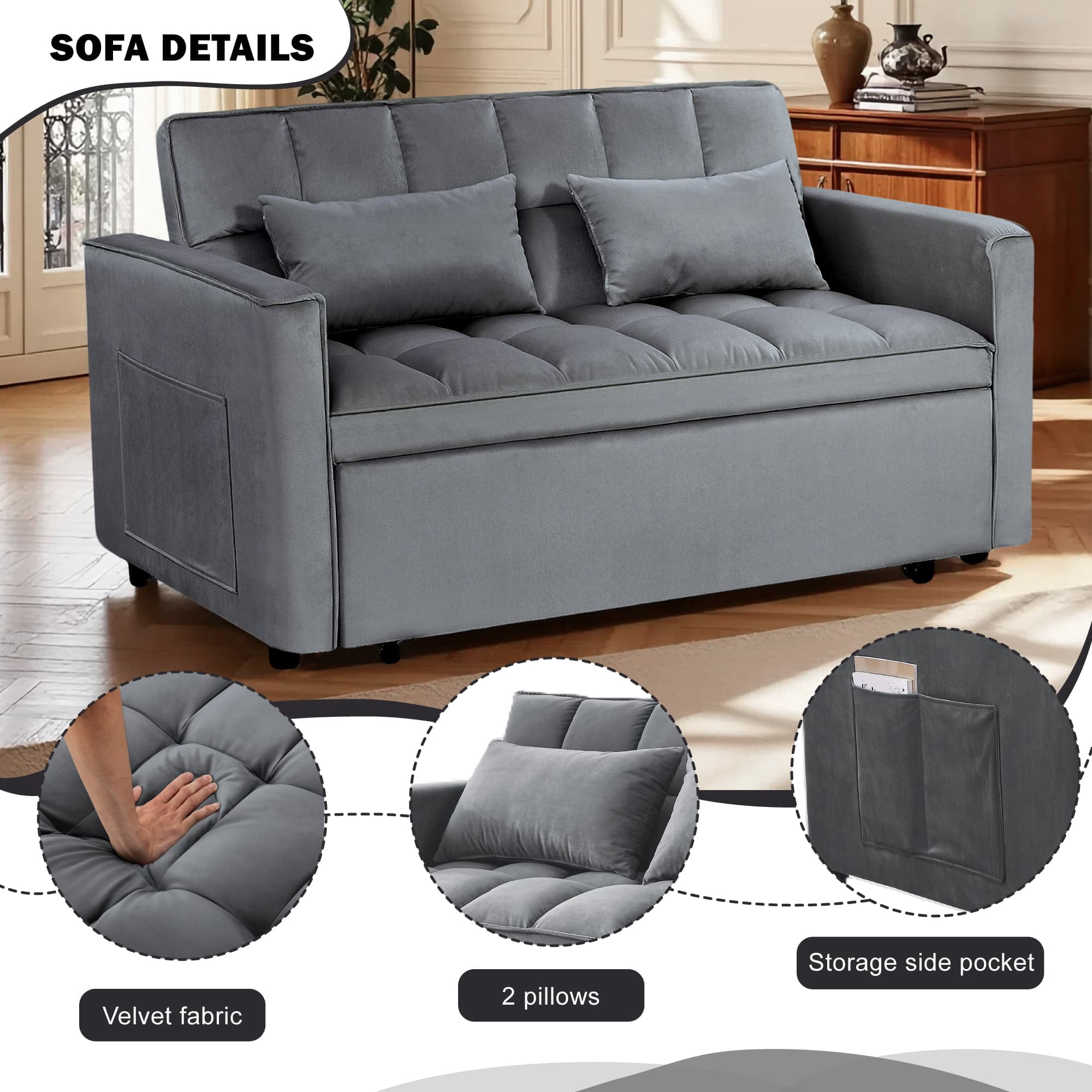 BSHTI 54" Fold out Sleeper Sofa Bed,Convertible Twin-Size Bed,With 3 Angles Adjustable Backres,Velvet Upholstery,Easy Assembly, Dark Grey