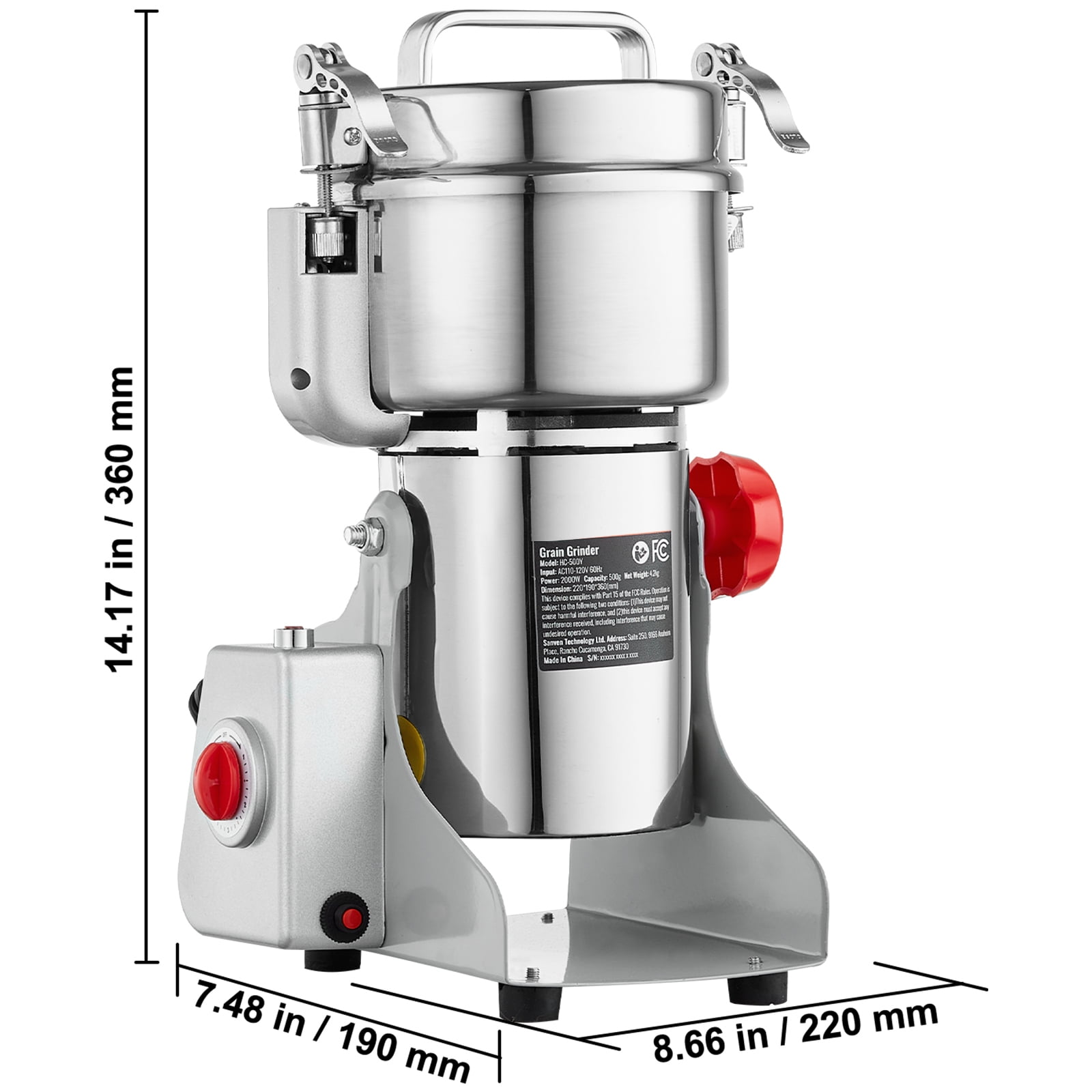 KFFKFF 500g Electric Grinder, 2000W Speedy Grain Mill, Stainless Steel for Dry Ingredients, Spices, Coffee, Corn, Swing Design