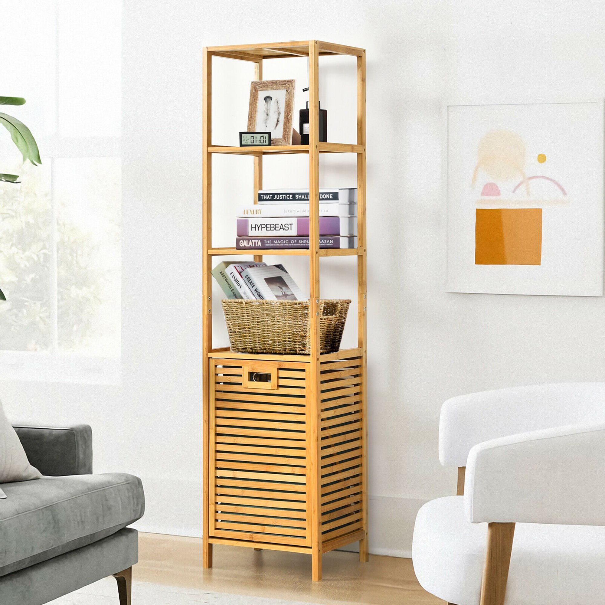 Gymax Bathroom Tilt-out Laundry Hamper Bamboo Tower Hamper w/3-Tier Shelves