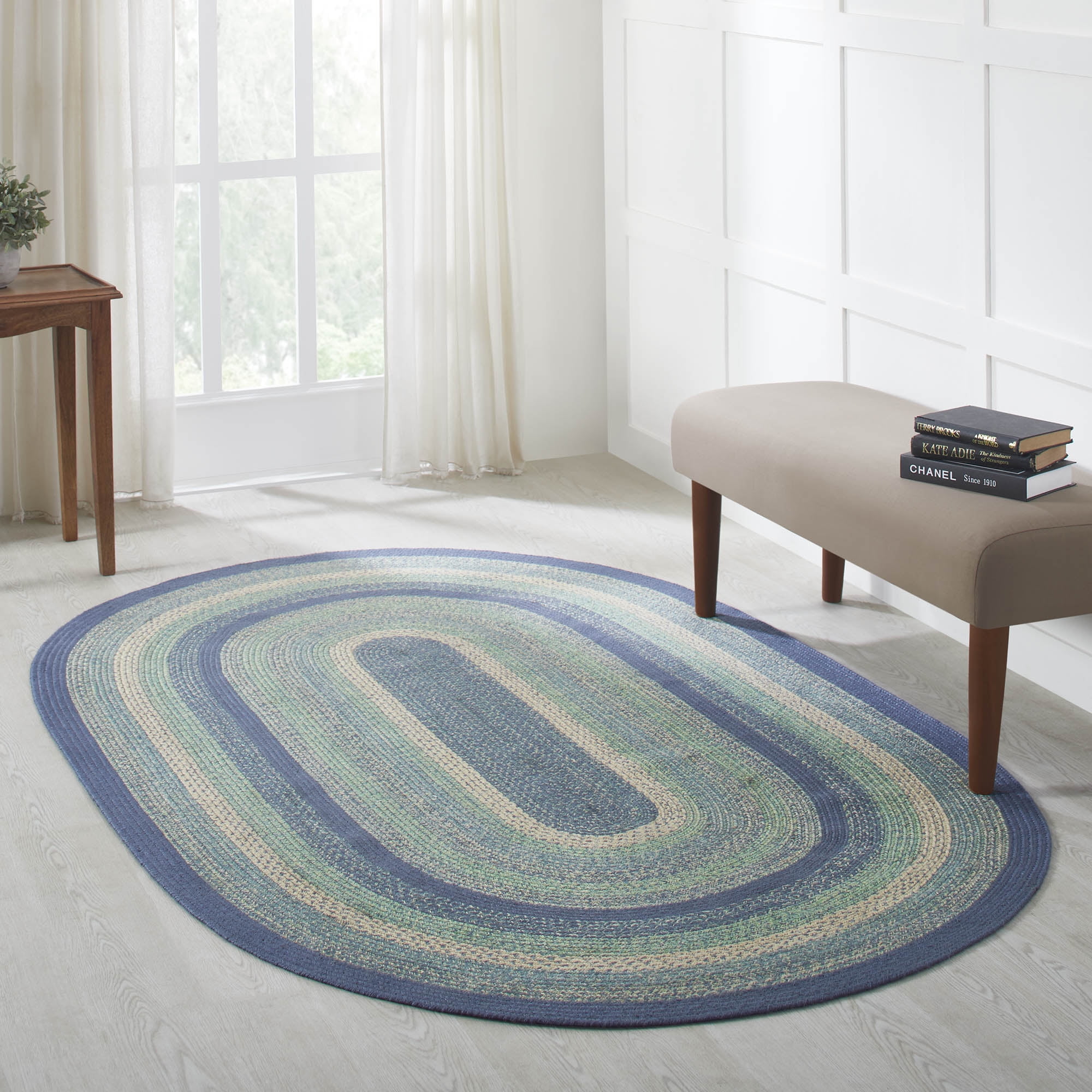 VHC Brands Jolie Farmhouse 60"x96" Area Rug Blue Textured Jute Striped Pad Oval Floor Decor