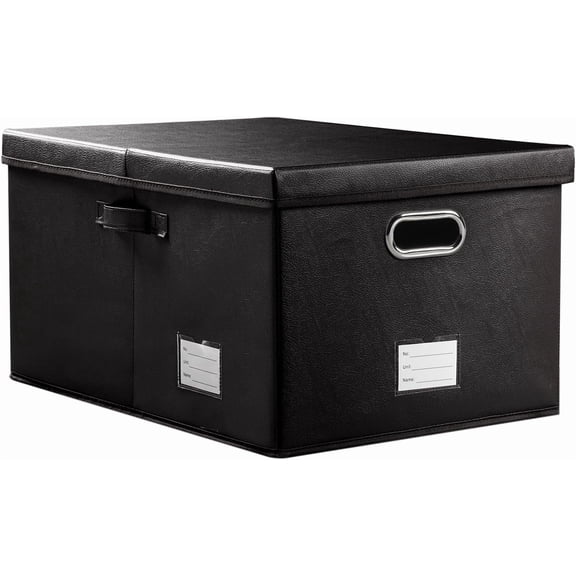 Leather Fabric Collapsible Storage Box with Lid – Foldable Organizer Bin for Closet, Bedroom & Office, Black (22.8"x15.7"x11.8")