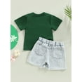 thumbnail image 4 of Toddler Baby St. Patrick's Day Clothes Girl Boy Green Letters Cotton T-Shirt Tops Denim Ripped Shorts Outfit 0-4T (White,12-18 Months), 4 of 6