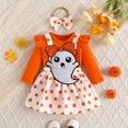 thumbnail image 2 of CONFREE Toddler Baby Girl Halloween Outfits Long Sleeve Cute Pumpkin Ghost Embroidered Bodysuit Suspender Skirt With Hairband 3Pcs Hallowmas Outfit Set Fall Clothing Set, 2 of 9