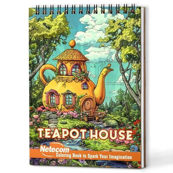 Netecom Teapot House Coloring Book Spiral Bound for Adults, Wooden Cover, 30 Weird House Coloring Pages with Different Shapes for Stress Relief and Relaxation