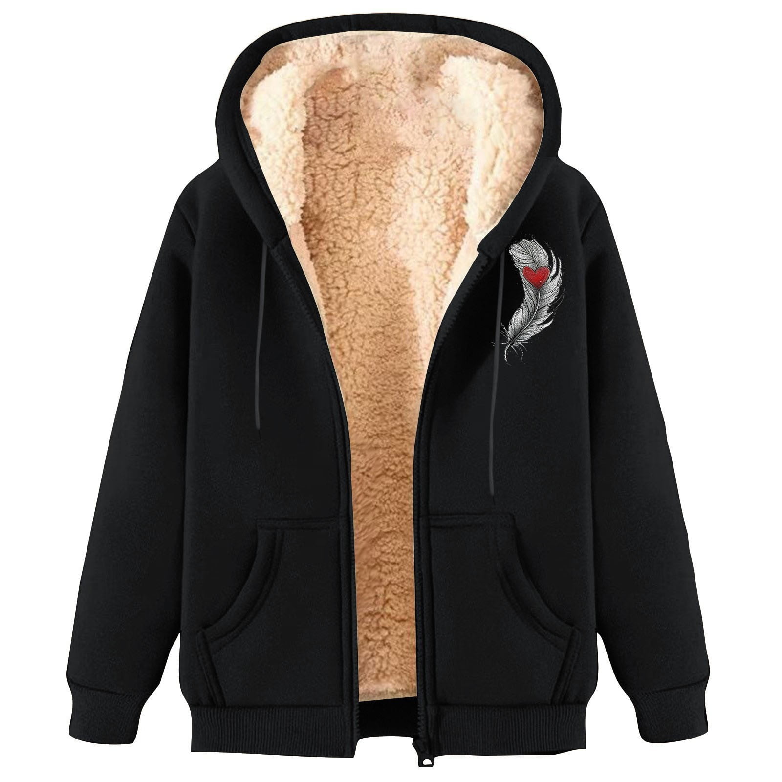 Xdegoge Heavy Weight Fleece Jacket Women Sherpa Lined Thermal Casual Oversized Graphic Hoodies Cozy Long Sleeve Hooded Full Zip Jackets Warm Cold Weather Fuzzy Winter Fashion Clothes with Pockets