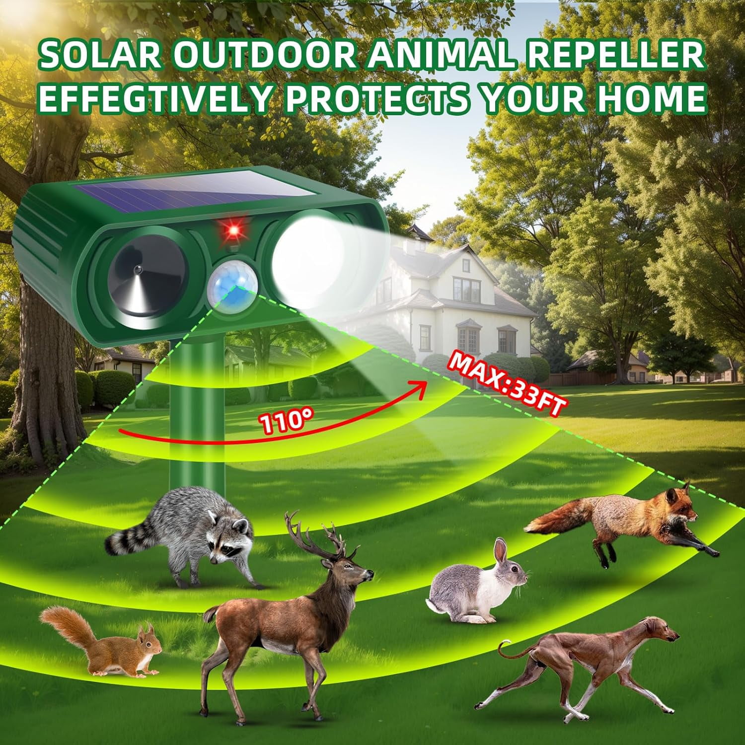 4-Pack Solar Ultrasonic Animal Repellent with Motion Sensor & Flashing Light, Outdoor Pest Deterrent for Deer, Cats, Rabbits, Squirrels, Raccoons - Protect Yard, Garden, Lawn