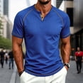 thumbnail image 2 of Men's Short Sleeve T-ShirtWaffle Henley , Contrast Stitching Raglan Sleeve Breathable Summer Casual Top,Blue,M, 2 of 7