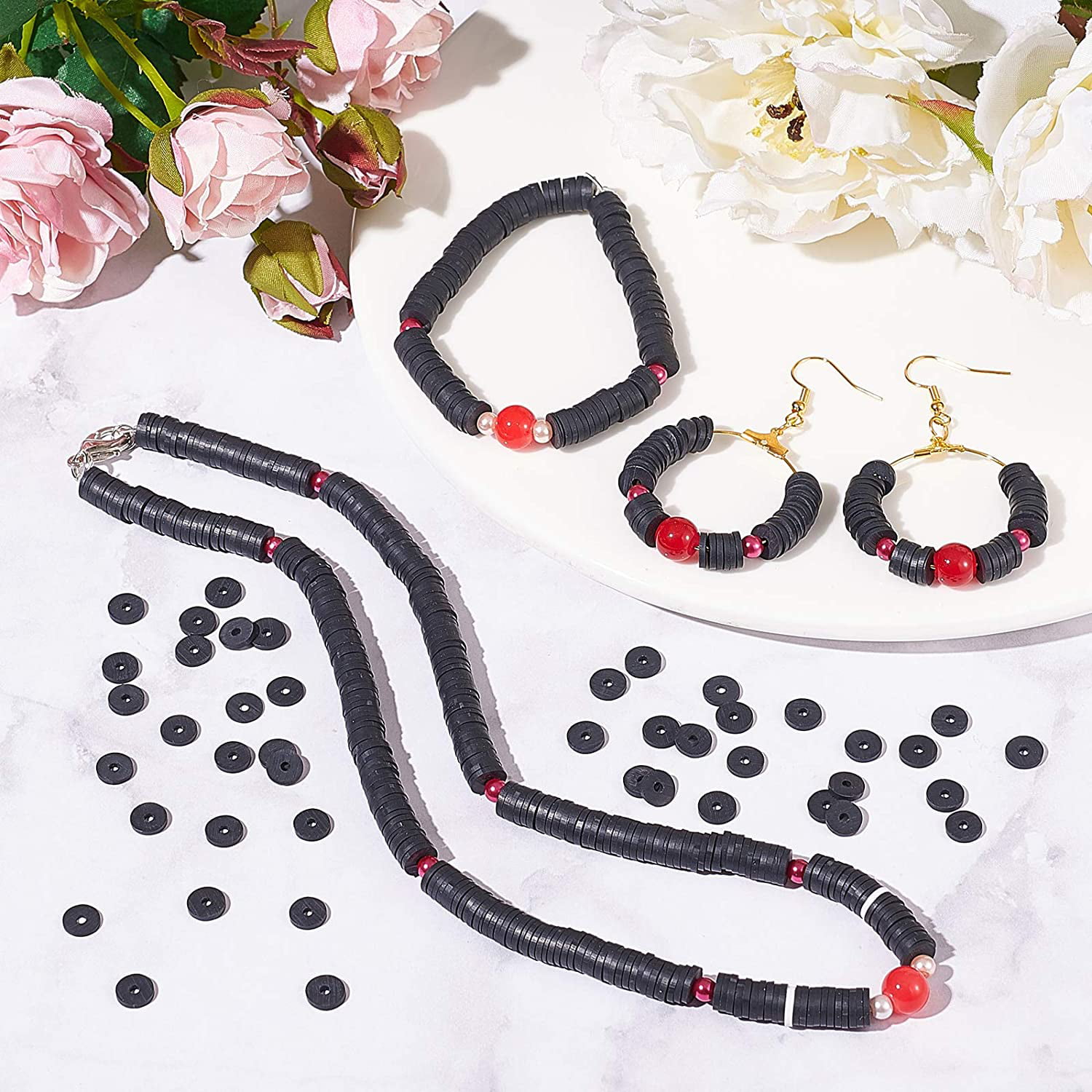  3000Pcs Clay Beads Flat Round Polymer Bead Vinyl Heishi Beads  Flat Round Polymer Bead Flat Clay Beads for Jewelry Making Necklace  Bracelet (22-Black)