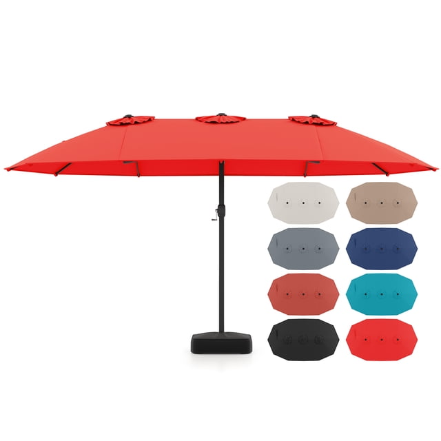 Gymax 15FT Outdoor Double-Sided Twin Patio Umbrella Sun Shade Crank Market Base Red