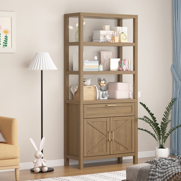 71" Farmhouse 5-Tier Bookshelf with Doors and Drawer - Freestanding Wood Bookcase Cabinet with Adjustable Storage Shelves for Home Office, Living Room, Bedroom - Walnut