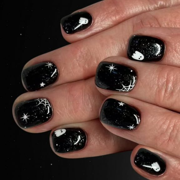 Sinyiin 24 Pcs Short Square Stick on Nail Glossy Full Cover False Nail Halloween Press On Nail Manicures Supplies for Woman