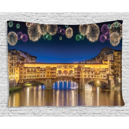 Italian Villa Tapestry - Apartment Decor Tapestry, Night Panoramic View of Vecchio Bridge Florence Italy with Fireworks, Wall Hanging for Bedroom Living Room Dorm Decor, 80W X 60L Inches, Gold Navy Purple, by Ambesonne