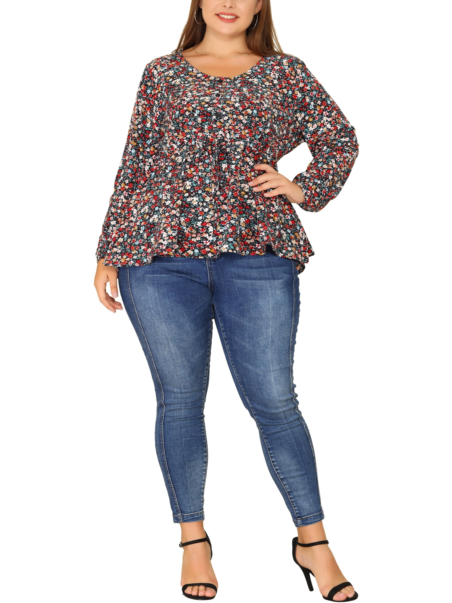 DARING DIVA Women's Plus Size Floral Print Long Sleeve Belt Tie Peplum Top 4X Black