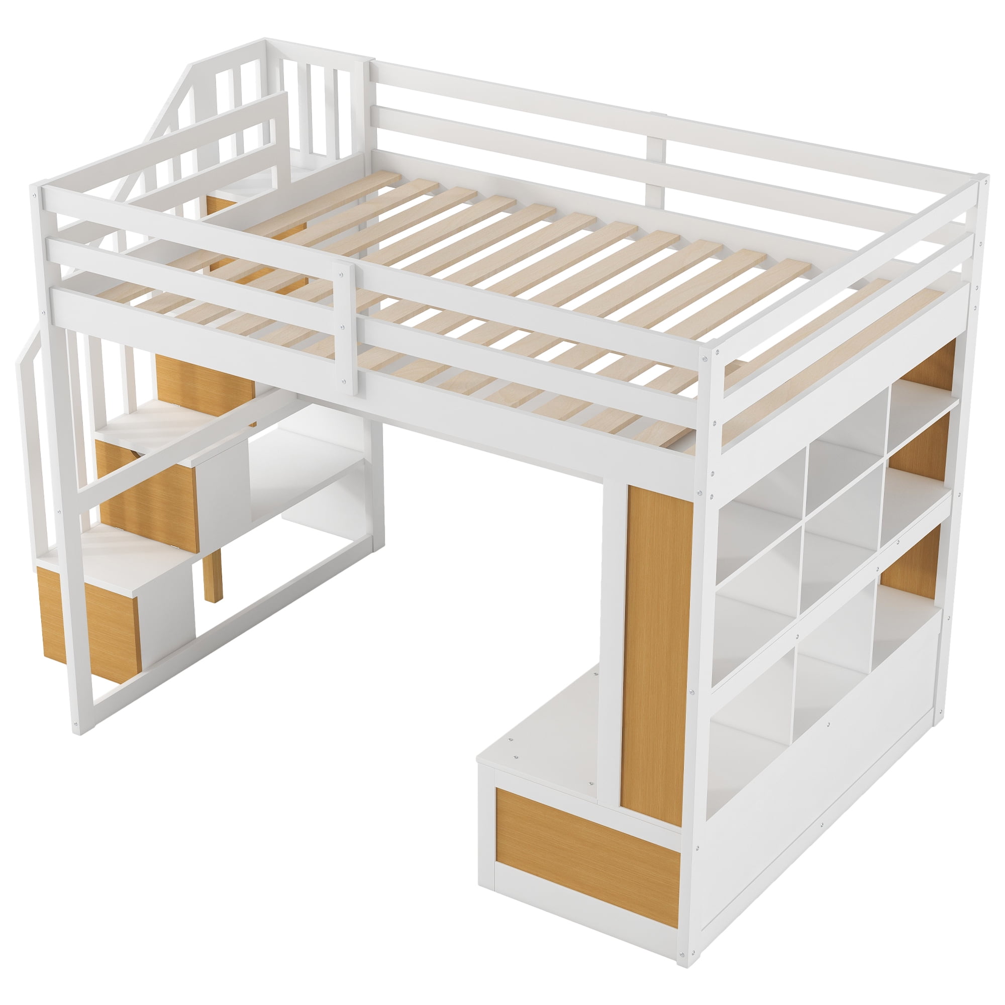 Euroco Modern Wood Full Size Loft Bed with Desk and Shelves, Storage Staircase and Drawers for Kids Teens, Wood